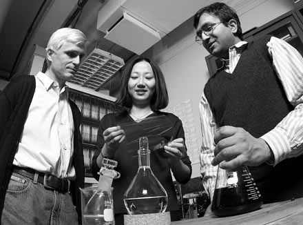 Bell lab's Christian Kloc, Zhenan Bao and Ananth Dodabalapur (left to right) display the first superconducting plastic