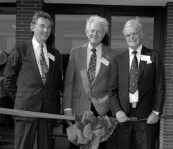 Fermilab's first three directors at the ribbon-cutting for the Lederman Science Education Center (from left): John Peoples, Leon Lederman, Robert Rathbun Wilson.