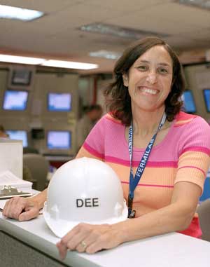 Dee Hahn, a frequent visitor to the CDF control room.