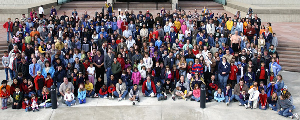 SMILE: Kids and adults gather for the annual DASTOW group portrait on the front steps of Wilson Hall.