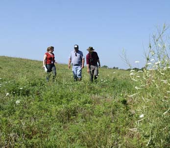 Left to right: Elizabeth Clements, Bob Lootens and Tom Peterson make their way down the hill that used to be a pile of dirt left over from the Main Injector construction. As one of the only hills on Fermilab's property, it is a great place to spot birds, such as the grasshopper sparrow.