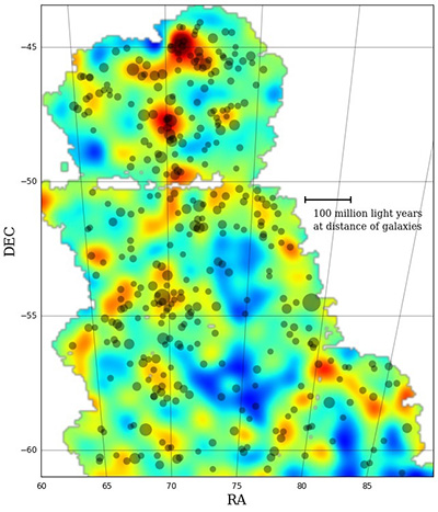 This is the first Dark Energy Survey map to trace the detailed distribution of dark matter across a large area of sky. The color scale represents projected mass density: red and yellow represent regions with more dense matter. The dark matter maps reflect the current picture of mass distribution in the universe where large filaments of matter align with galaxies and clusters of galaxies. Clusters of galaxies are represented by gray dots on the map - bigger dots represent larger clusters. This map covers three percent of the area of sky that DES will eventually document over its five-year mission. Image: Dark Energy Survey