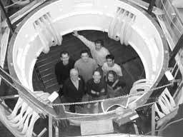 Inside the MiniBooNE detector, front row: Frank Shoemaker,Peter Meyers, Jennifer Raaf, second row: Andrew Bazarko, Ryan Patterson, Mike Leung