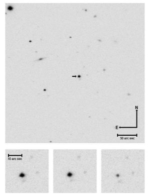 Finder chart image containing the optical transient, SDSS J124602.54+011318.8, from 1999 March 20. Also shown are three magnified images from 1999 March 20, 1999 March 22 and 2000 May 5, respectively.