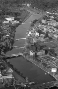 The Iowa River divides the east and west sides of campus.