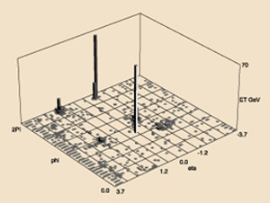 This top quark candidate,identified by the DZero collaboration,indicates a process in which one of the intermediate W bosons has decayed into two jets, while the other produced an electron and a neutrino.