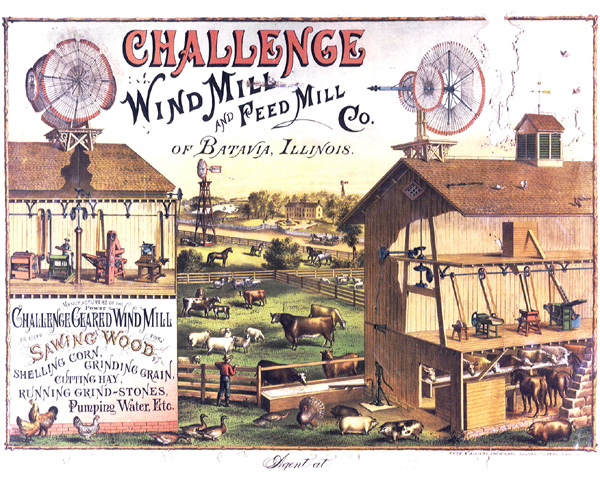 The Challenge Company, founded in 1867, distributed this poster to agricultural implement dealers to advertise their windmills and farm equipment. Estimated to be from the 1890's or early 1900's, this style of poster has been found in many barns and farm offices. Poster graphic courtesy Batavia Depot Museum.