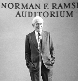 Norman Ramsey speaking at the 1981 dedication of Ramsey Auditorium at Wilson Hall.