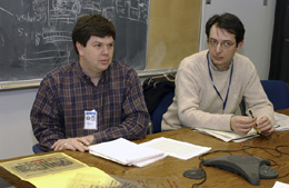 William Wester (left),Stefano Giagu and Aseet Mukherjee (not shown)are the three godparents that reviewed the first CDF publication of Run II. Awaiting approval from the whole 600-member CDF collaboration,the paper will be submitted to a physics journal and an electronic physics archive in March.