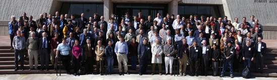 Participants in LHC 2003 gather in front of Wilson Hall. More than 200 attended from all around the world for an update on the status of the Large Hadron Collider.