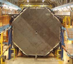 On June 5, technicians hung the last of 485 detector planes, each about two inches thick, of the 6,000-ton MINOS detector in the Soudan Underground Laboratory. Scientists expect the full detector to be operational this summer. Scientists already use half of the detector to record data on atmospheric neutrinos.