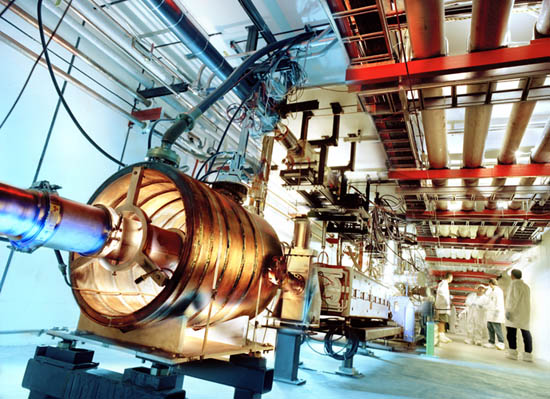 Inside the tunnel of the Main Injector accelerator at Fermilab. The Main Injector accelerates protons and antiprotons for injection into the Tevatron, the world's most powerful particle accelerator.