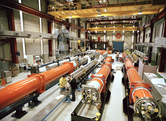 Superconducting quadrupole magnets built at Fermilab's Technical Division. Designed and built at Fermilab, they are destined for the interaction regions of CERN's Large Hadron Collider.