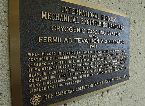 Mechanical Engineering Landmark plaque, Last Magnet Installed Document and Cross Section of Tevatron Dipole Magnet