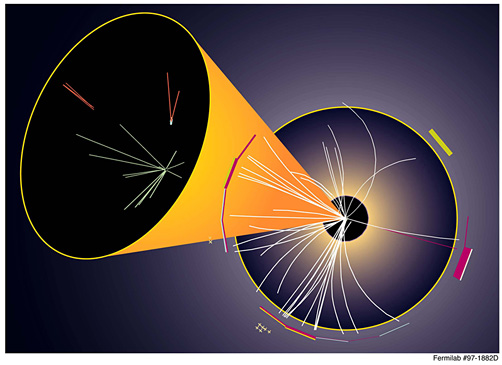 This artistic image depicts a particle collision in the CDF experiment at Fermilab from the Tevatron's Run I