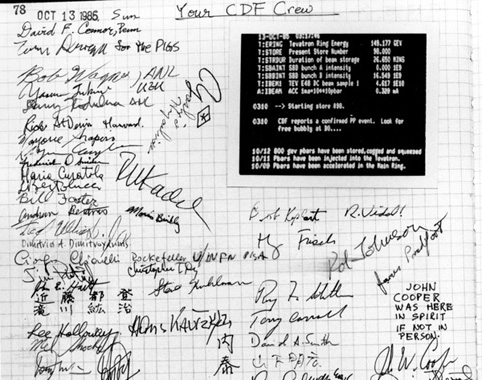 Names of CDF crew on October 13, 1985, when first proton-antiproton collisions were detected